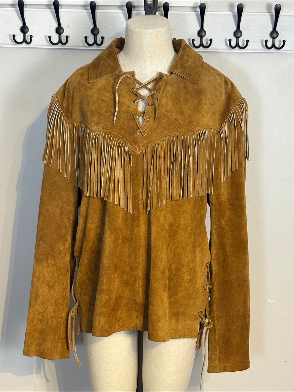 Western Suede Fringe Lace-Up shirt- Cognac